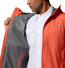 A man in a white button-up shirt holds open a Columbia Mens Trailborne 2.5L Waterproof Shell Jacket, revealing its gray mesh interior lining and pocket details.