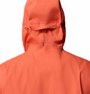 Back view of a person wearing the Columbia Mens Trailborne 2.5L Waterproof Shell Jacket in orange with an adjustable drawstring hood and Omni-Tech technology, shown against a plain white background.