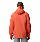 A person wearing the Columbia Mens Trailborne 2.5L Waterproof Shell Jacket in bright orange stands facing away from the camera, hands by their sides, against a plain white background.