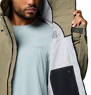 A man in a light blue Columbia Titanium shirt and an olive green Columbia Mens Saudan Pro 3L Waterproof Shell Jacket holds open the jacket to reveal its interior lining and zippered pocket. His face is partially visible.