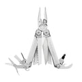 The Leatherman 2H Wave Plus Multitool, shown open on a white background, features a central pliers with replaceable wire cutters and extended tools including a saw, knife, file, bottle opener, and screwdrivers.