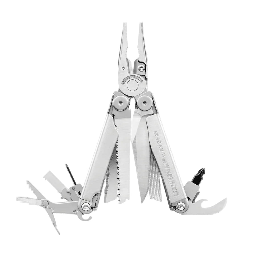 The Leatherman 2H Wave Plus Multitool, shown open on a white background, features a central pliers with replaceable wire cutters and extended tools including a saw, knife, file, bottle opener, and screwdrivers.