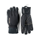 A pair of Hestra Army Leather GORE-TEX Short Gloves in black, featuring visible stitching; one glove is displayed palm up and the other palm down, with a small carabiner clip attached at the wrist.