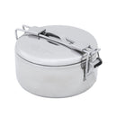 The MSR Alpine StowAway Pot is a round, stainless steel food container featuring a tightly sealed lid and metal locking clasps on the sides, designed for secure food storage or transport—making it an ideal addition to your durable cookware collection and perfect for use as camp cookware.