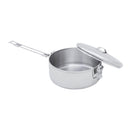 The MSR Alpine StowAway Pot, crafted from stainless steel, is ideal for camp cookware enthusiasts and features a long, foldable handle and a partially open matching lid, displayed on a white background.