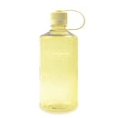 A translucent yellow Nalgene 1L Narrow Mouth Water Bottle - Monochrome, featuring a screw-on cap secured with a loop and made from durable Tritan Renew material, stands empty and upright against a white background.