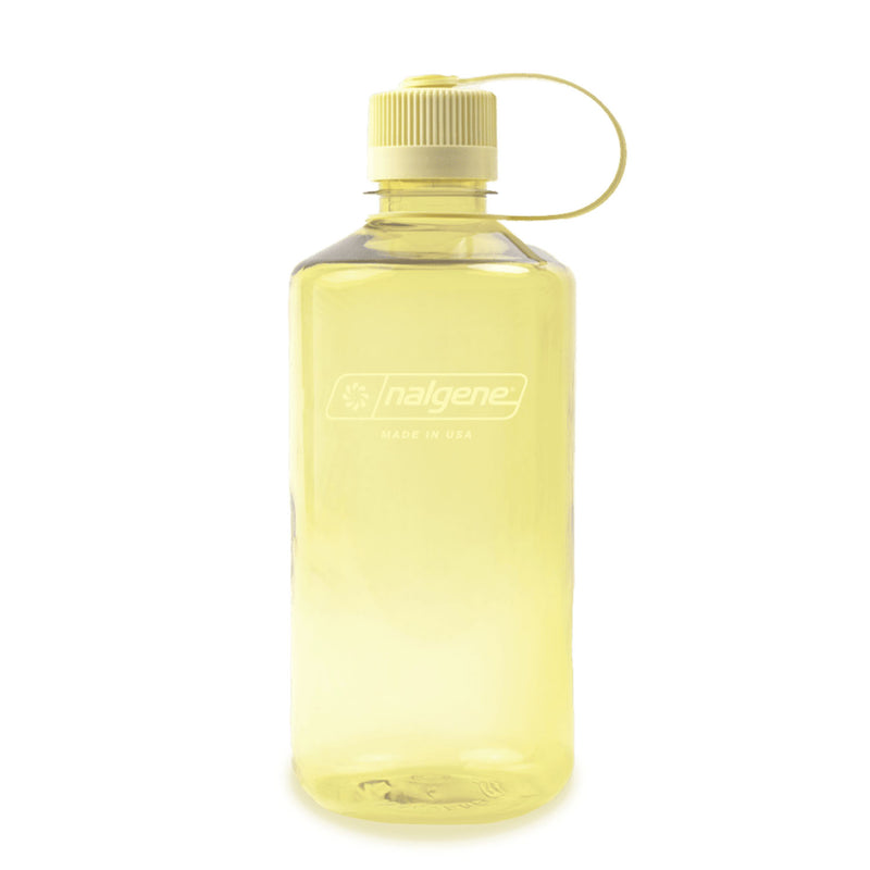 A translucent yellow Nalgene 1L Narrow Mouth Water Bottle - Monochrome, featuring a screw-on cap secured with a loop and made from durable Tritan Renew material, stands empty and upright against a white background.