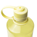 A close-up of a yellow Nalgene 1L Narrow Mouth Water Bottle - Monochrome with a matching screw-on cap and an attached carrying loop. The translucent bottle is made from durable Tritan Renew material, and the cap features ridged edges for improved grip.