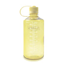 The Nalgene 1L Narrow Mouth Water Bottle - Monochrome features a translucent yellow design with a screw-on cap, attached loop, and measurement markings up to 1000 ml (32 oz) on the side. Made from durable Tritan Renew material, this bottle is ideal for staying hydrated on the go.
