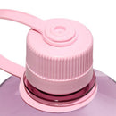 Close-up of a pink plastic cap with a handle, attached to a Nalgene 1L Narrow Mouth Water Bottle - Monochrome in translucent purple, set against a white background.