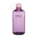 The Nalgene 1L Narrow Mouth Water Bottle - Monochrome is made from durable translucent purple Tritan Renew plastic, features measurement markings, and comes with a pink screw-on cap attached by a loop.