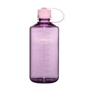 A Nalgene 1L Narrow Mouth Water Bottle - Monochrome in translucent purple, featuring a pink screw-on lid and a printed measurement scale on the side. Crafted from BPA/BPS-free Tritan Renew for lasting durability and safe everyday hydration.
