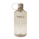 The Nalgene 1L Narrow Mouth Water Bottle – Monochrome features clear Tritan Renew plastic, a white screw cap with an attached loop, and measurement markings up to 1000 ml (32 oz) on the side. This BPA/BPS-free bottle offers a reliable, leakproof design ideal for everyday use.