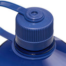 Close-up of a blue plastic cap with a built-in handle, featuring vertical ridges for grip, attached to the narrow mouth neck of the Nalgene 1L Narrow Mouth Water Bottle - Monochrome.