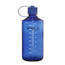 This Nalgene 1L Narrow Mouth Water Bottle - Monochrome is a blue reusable plastic bottle made from durable Tritan Renew material, featuring a screw-on cap and measurement markings in milliliters and ounces on the side.