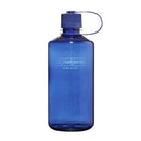 A Nalgene 1L Narrow Mouth Water Bottle - Monochrome in blue, featuring a screw-on cap attached by a loop, clear measurement markings, and the Nalgene logo with “Made in USA” printed on the front. Constructed from durable Tritan Renew material, it is designed for reliable everyday performance.