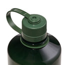 Close-up of a Nalgene 1L Narrow Mouth Water Bottle - Monochrome in dark green, featuring a matching screw-on cap with a sturdy plastic carrying loop attached to the top, crafted from durable Tritan Renew material.