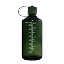 A Nalgene 1L Narrow Mouth Water Bottle - Monochrome in dark green, featuring a black screw cap with an attached loop, and measurement markings in milliliters and ounces. The durable, BPA/BPS-free bottle stands upright on a white background, making it safe for everyday use.