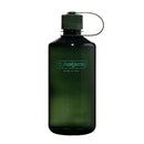 A dark green Nalgene 1L Narrow Mouth Water Bottle - Monochrome stands upright against a white background. Made from durable Tritan Renew material, this BPA/BPS-free bottle features a screw-on cap with a loop attached to the lid, measurement markings, and the prominent Nalgene logo on the front.