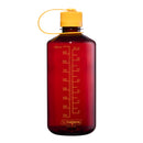 The Nalgene 1L Narrow Mouth Water Bottle - Colour Block is made from durable, BPA-free Tritan Renew and features a red body with a yellow screw cap. Measurement markings in milliliters and ounces are displayed on the side, while a yellow strap conveniently connects the lid to the bottle.