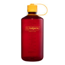 A 1L Narrow Mouth Water Bottle - Colour Block by Nalgene, crafted from BPA-free Tritan Renew in red, features a yellow screw cap with an attached loop. Yellow measurement markings and the Nalgene logo are printed on the bottle, which stands upright against a white background.