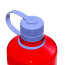 A close-up of the Nalgene 1L Narrow Mouth Water Bottle - Colour Block, made from BPA-free Tritan Renew material, featuring a red bottle with a purple screw-on cap and a matching looped handle, set against a white background.