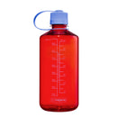 A Nalgene 1L Narrow Mouth Water Bottle - Colour Block in red is made from durable, BPA-free Tritan Renew and features a blue screw cap with a matching blue loop, along with measurement markings in milliliters and ounces up to 1000 ml (32 oz).