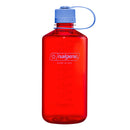 The Nalgene 1L Narrow Mouth Water Bottle - Colour Block is made from BPA-free Tritan Renew material and features a red body with a blue screw-on cap connected by a clear loop. The bottle has volume markings and displays the white Nalgene logo on the front.