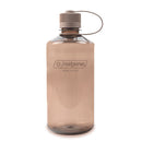A translucent brown Nalgene 1L Narrow Mouth Water Bottle - Monochrome, made from durable Tritan Renew material and topped with a gray screw-on cap attached by a loop, stands upright on a white background.