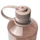 A close-up of the Nalgene 1L Narrow Mouth Water Bottle - Monochrome, featuring a beige screw-on cap and attached handle, set against a white background; this BPA/BPS-free design offers both safety and style.