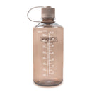 The Nalgene 1L Narrow Mouth Water Bottle - Monochrome is a translucent brown bottle made from durable Tritan Renew plastic, featuring measurement markings in milliliters and ounces, a screw-on cap, and a flexible loop attached to the lid for convenient carrying.