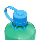 A close-up of the Nalgene 1L Narrow Mouth Water Bottle - Colour Block showcases its green Tritan Renew construction, blue screw-on cap with attached blue loop, and sleek design against a white background. This BPA-free bottle offers both durability and sustainability.