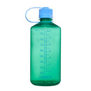 A transparent green Nalgene 1L Narrow Mouth Water Bottle - Colour Block features a blue cap and handle, measurement lines up to 1000 ml (32 oz) along the side, and is made from BPA-free Tritan Renew material. The bottle displays the Nalgene logo near the bottom.