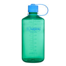 A green Nalgene 1L Narrow Mouth Water Bottle - Colour Block, made from durable, BPA-free Tritan Renew material, features a blue screw-on cap attached with a flexible loop and a printed volume measurement scale on the side. The bottle is shown upright.
