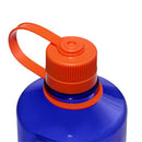 A close-up of the Nalgene 1L Narrow Mouth Water Bottle - Colour Block, made from durable Tritan Renew material in blue, featuring an orange BPA-free screw-on cap and an attached orange handle looped over the top.