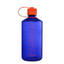 A blue Nalgene 1L Narrow Mouth Water Bottle – Colour Block, made from BPA-free Tritan Renew material, with a contrasting red lid and an attached strap, features measurement markings in milliliters and ounces along the side. The bottle is empty and stands upright against a white background.