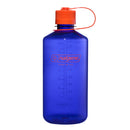 A 1L Narrow Mouth Water Bottle - Colour Block by Nalgene, made from BPA-free Tritan Renew in blue, featuring an orange screw-on lid with measurement markings on the side and an attached orange strap for convenience.