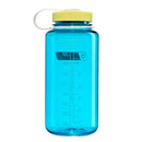 Introducing the Nalgene 1L Wide Mouth Water Bottle – Thrill & Motion: crafted from durable Tritan Renew material, this translucent blue water bottle features easy-to-read measurement markings, a vibrant yellow screw-on lid, and a white carrying loop for convenient transport. Leakproof and built to last, it’s the ideal choice for staying hydrated while you’re on the move.