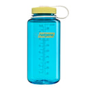 A translucent blue Nalgene 1L Wide Mouth Water Bottle – Thrill & Motion, featuring a yellow screw-on lid with a white plastic loop. Made from durable Tritan Renew, this leakproof bottle displays measurement markings and the Nalgene logo on the front.