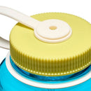 Close-up of a yellow screw-on cap with a white handle on the blue Nalgene 1L Wide Mouth Water Bottle - Thrill & Motion, set against a white background.