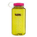 The Nalgene 1L Wide Mouth Water Bottle – Thrill & Motion is crafted from durable, translucent yellow Tritan Renew and features clear measurement markings, a pink screw-on lid, and a white carrying loop for easy transport—making it the perfect reliable, leakproof companion for all your adventures.