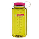 The Nalgene 1L Wide Mouth Water Bottle - Thrill & Motion features a vibrant yellow body with a pink screw-on lid and a white carrying strap. Constructed from durable Tritan Renew material, this leakproof bottle showcases measurement lines and the Nalgene logo in yellow and pink on the front, making it both stylish and functional.