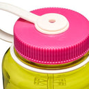 Close-up of the Nalgene 1L Wide Mouth Water Bottle – Thrill & Motion, crafted from durable Tritan Renew material in yellow. It features a pink screw-on lid and a white handle attached to the top for convenient carrying, ensuring leakproof, spill-free hydration wherever you go.