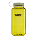 The Nalgene 1L Wide Mouth Water Bottle - Thrill & Motion features a translucent yellow design with a gray screw-on lid, a white carrying loop, and easy-to-read volume markings in both milliliters and ounces along the side. Crafted from durable Tritan Renew material, this bottle is leakproof, ensuring your drinks stay secure wherever you go.