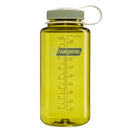 A yellow Nalgene 1L Wide Mouth Water Bottle – Thrill & Motion, featuring a gray screw-on lid with a white carrying loop, measurement markings, and the Nalgene logo printed on the side. Made from durable Tritan Renew material, this leakproof bottle is perfect for staying hydrated on the go.