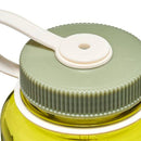 Close-up of the green cap with a white handle from the Nalgene 1L Wide Mouth Water Bottle - Thrill & Motion, shown atop the yellow Tritan Renew bottle against a plain white background.