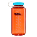 The Nalgene 1L Wide Mouth Water Bottle - Thrill & Motion is a large orange water bottle with measurement markings up to 1000 ml and 32 oz. Made from durable Tritan Renew material, it features a blue screw-on lid with a white carrying loop for easy transport and is designed to be completely leakproof.