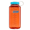 A translucent orange 1L Wide Mouth Water Bottle - Thrill & Motion by Nalgene featuring a blue screw-on lid, a white carrying loop, and measurement markings in milliliters and ounces along the side. Crafted from durable Tritan Renew material, this leakproof bottle is perfect for staying hydrated on the go.