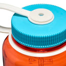 Close-up of the Nalgene 1L Wide Mouth Water Bottle – Thrill & Motion, featuring a blue screw cap with a white handle and an orange body. Made from durable Tritan Renew material, this bottle has measurement markings on the side and is designed to be reliably leakproof.