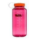 The Nalgene 1L Wide Mouth Water Bottle - Thrill & Motion is a translucent pink Tritan Renew bottle featuring a wide mouth, an orange screw-on lid, and a white strap. Printed measurement markings in milliliters and ounces are displayed on the side of this leakproof, durable water bottle.